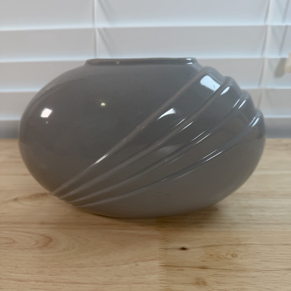 Vintage 1980's Art Deco Revival Gray Pleated Oval Ceramic Vase unmarked 6" Tall